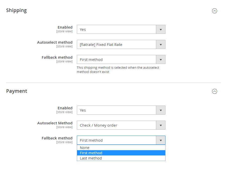 Default payment method & shipping method extension settings