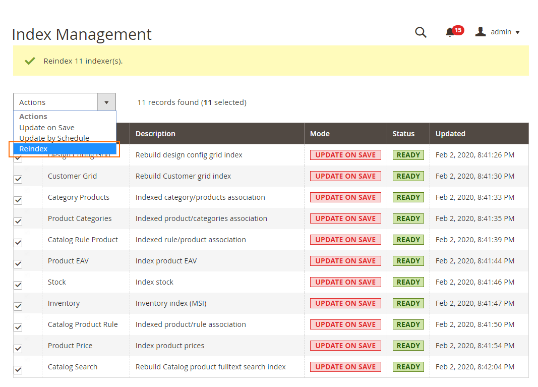 Magento 2 Admin Reindex