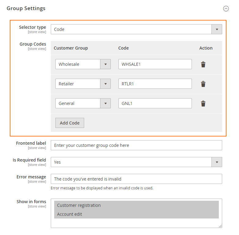 Customer group selector code mapping