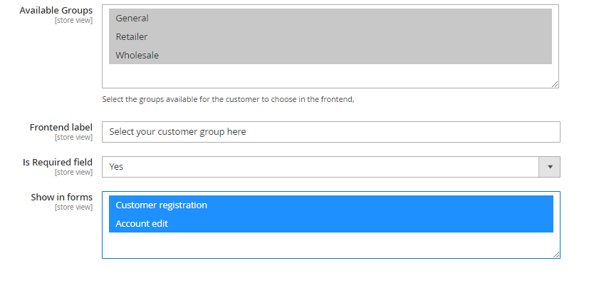 Customer group selector settings